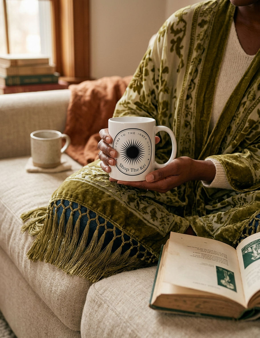 Woman wrapped in an olive velvet shawl with tassel fringe, holding the Inner Circle Mug with an open book on her lap