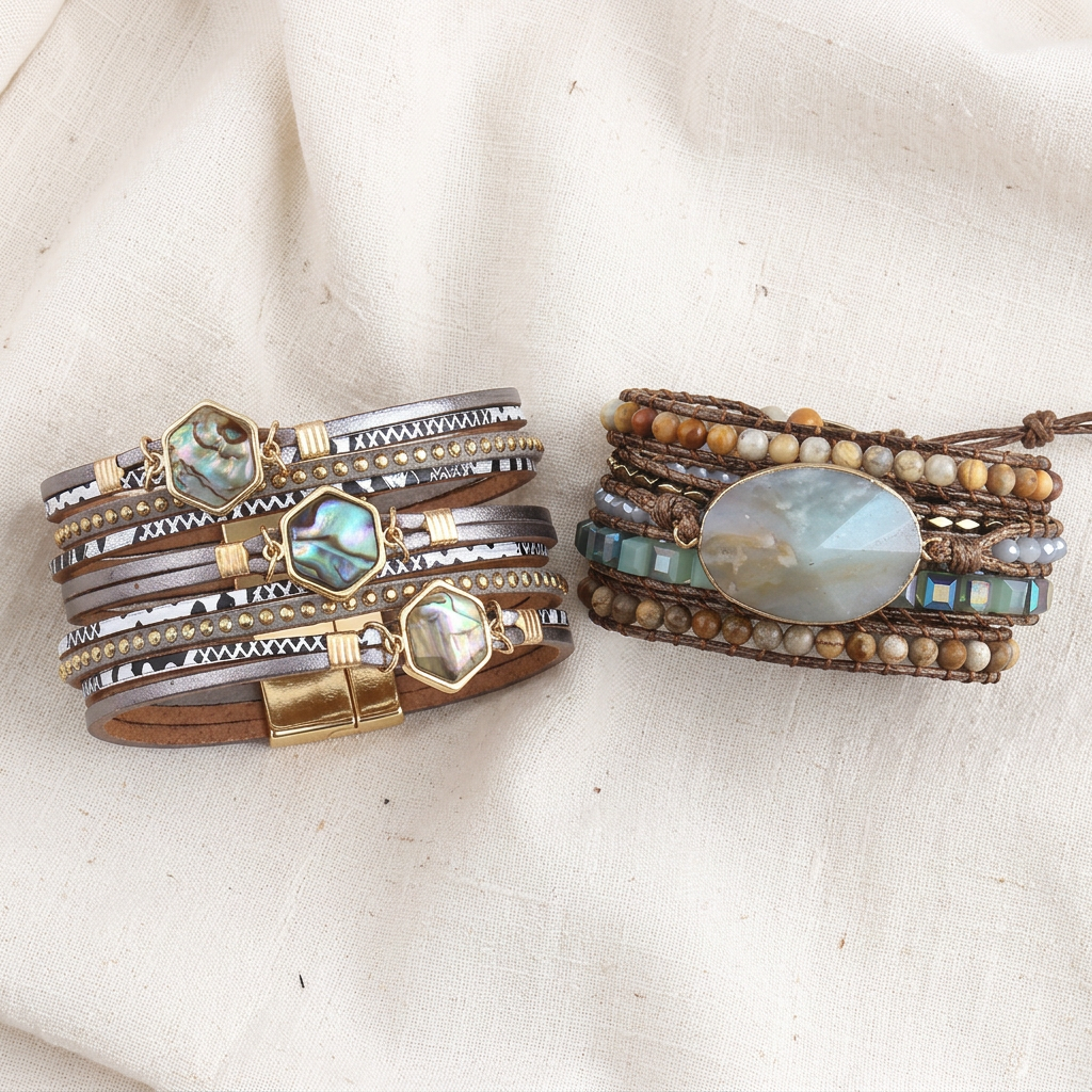 Two Abalone Bracelets laid on ivory linen, showing the hexagonal abalone shell stones