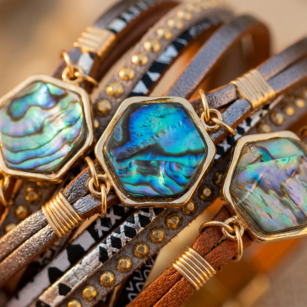 Close-up of the iridescent hexagonal abalone shell stones on layered wrap bracelets