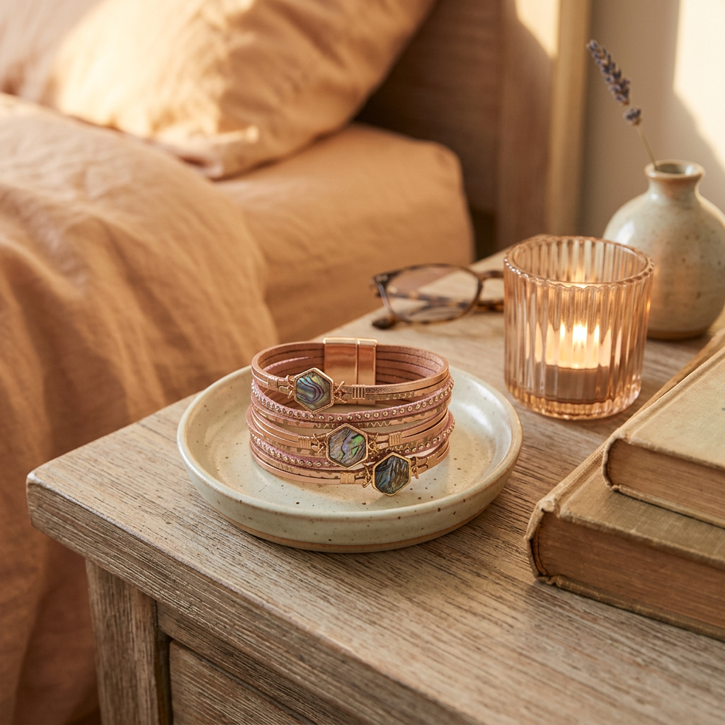 Abalone Bracelet in rose gold in a trinket dish on a nightstand next to a glass candle holder