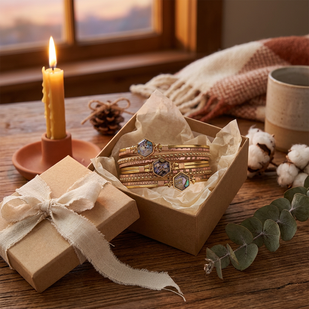 Abalone Bracelet in gold in an open kraft gift box with tissue paper and a linen ribbon by candlelight