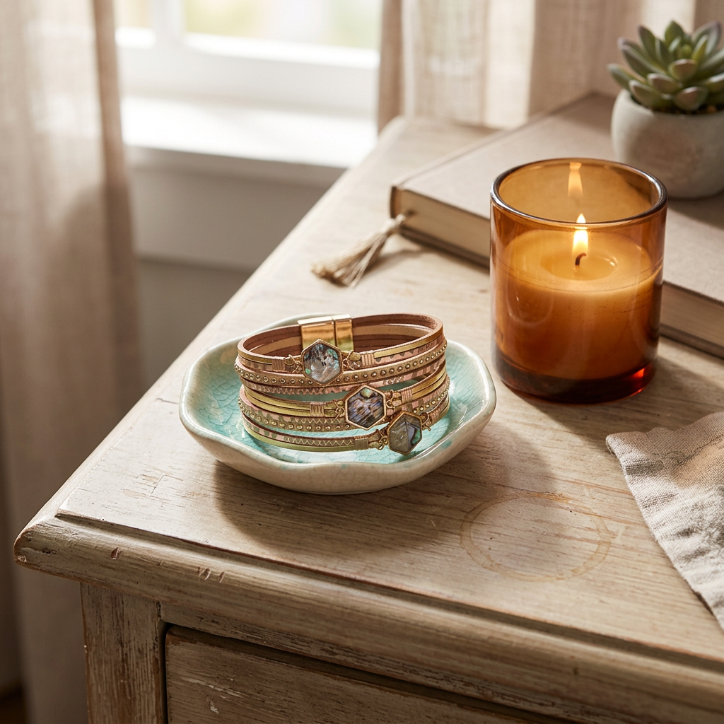 Abalone Bracelet in a ceramic dish on a nightstand beside a lit candle and a book