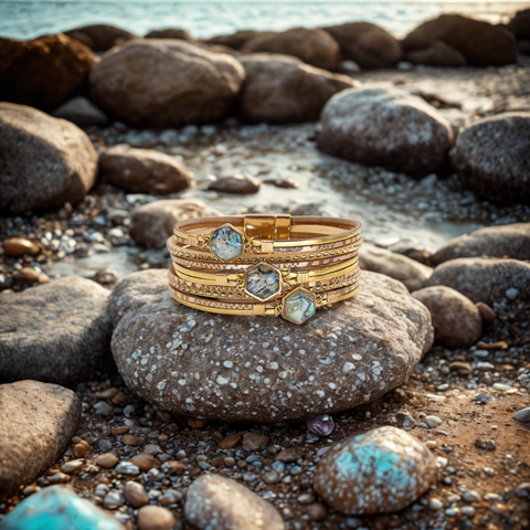 Gold bracelets with gemstones on a stone by the sea