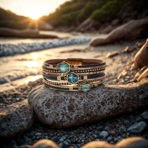 Stack of bracelets with gemstones on a rock by the beach at sunset