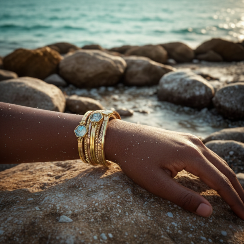 Wrist wearing a gold Abalone Bracelet on seaside rocks