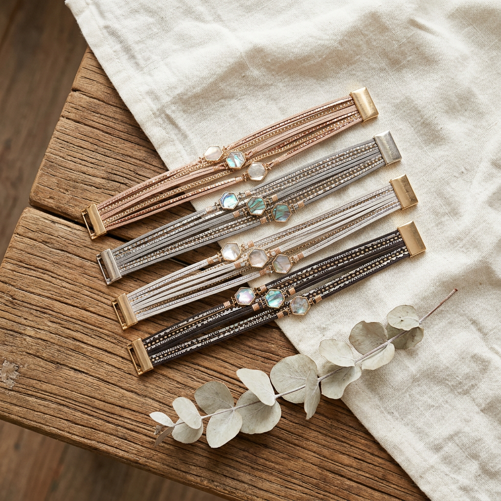 Four Abalone Bracelets laid flat on a wooden table with ivory linen and eucalyptus