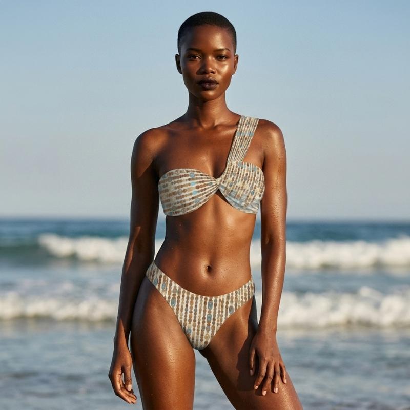 Woman in a patterned bikini standing on a beach with ocean waves in the background