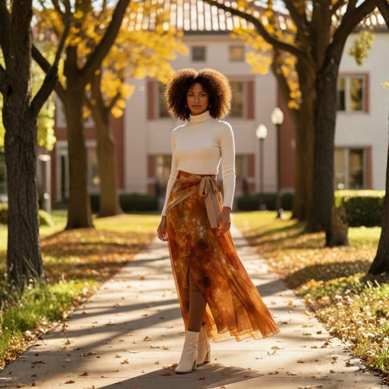Woman walking on a path with trees and a building in the background