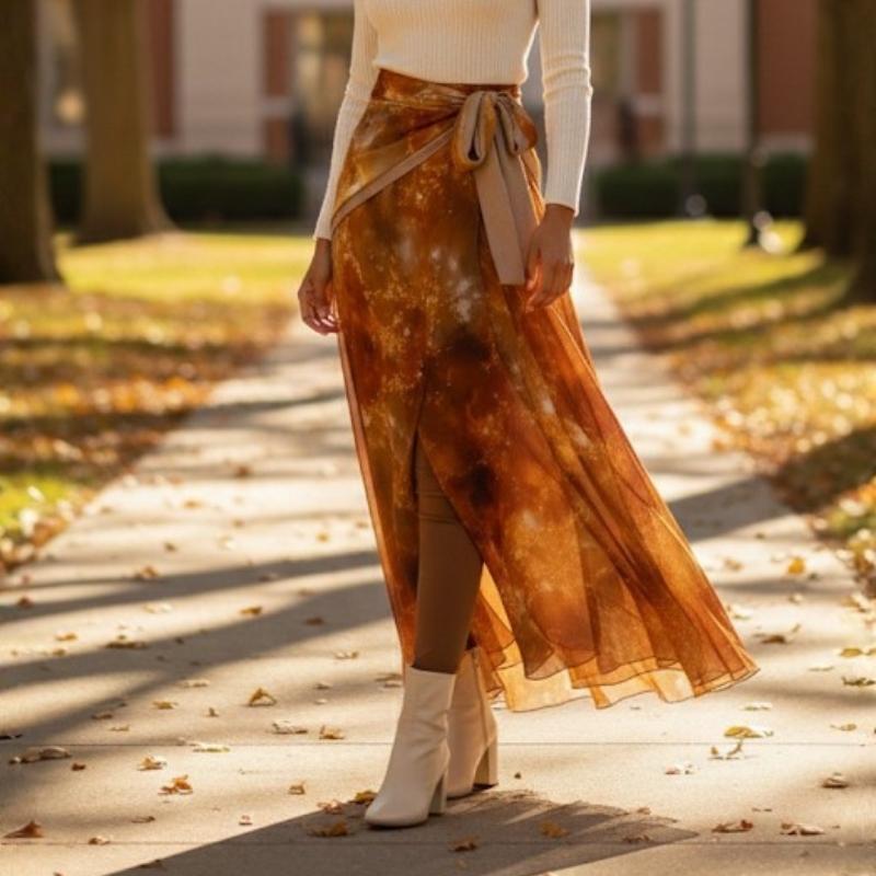 Person wearing a long abstract printed chiffon wrap skirt with a pretty waistband and ivory boots 