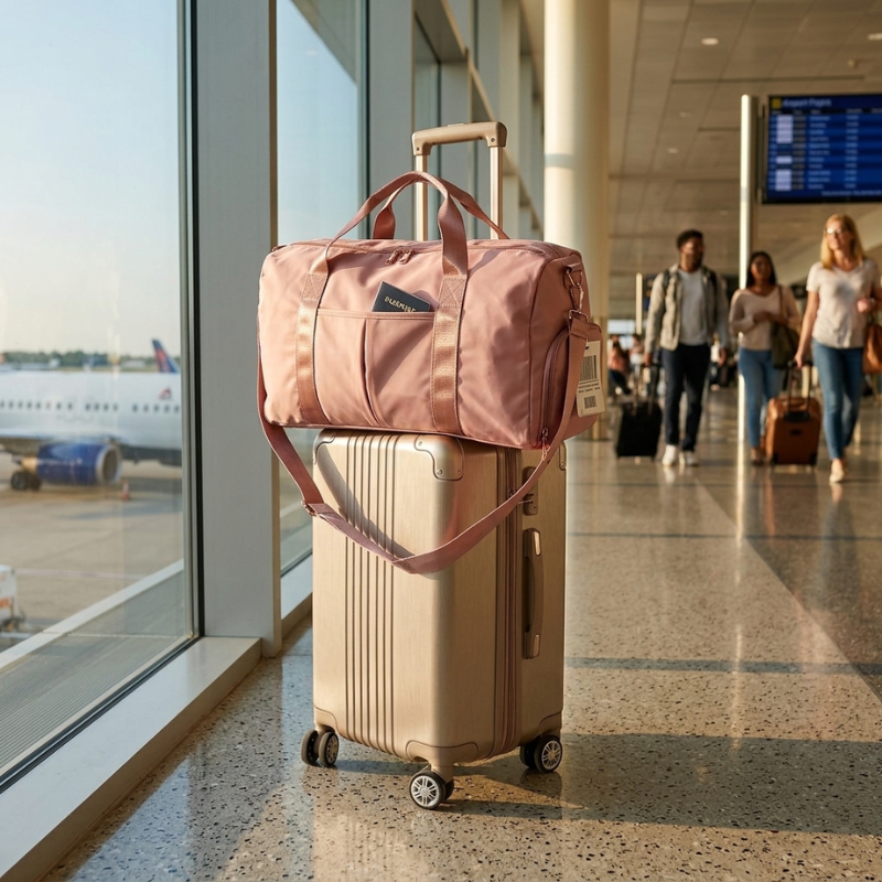 A pink reusable travel duffel bag with an extended telescoping handle sits on top of a beige hard-shell spinner suitcase in an airport terminal. Passengers are visible walking in the background near large windows and an airplane tarmac.