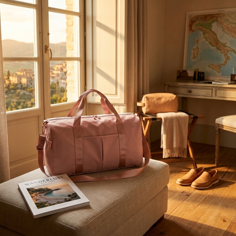 A dusty pink duffel bag sits on a beige ottoman in a warm, sunlit room with wooden floors, a window view, and travel accessories nearby.