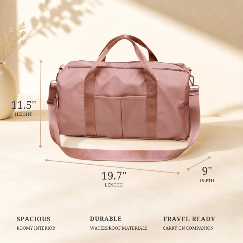A dusty pink duffel bag with a matching shoulder strap, shown with dimension lines and text indicating its measurements: 11.5 inches height, 19.7 inches length, and 9 inches depth.