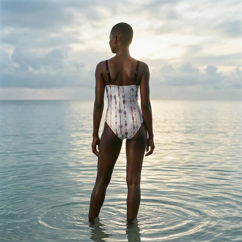 Person standing in water wearing a swimsuit with a pattern, facing away from the camera.