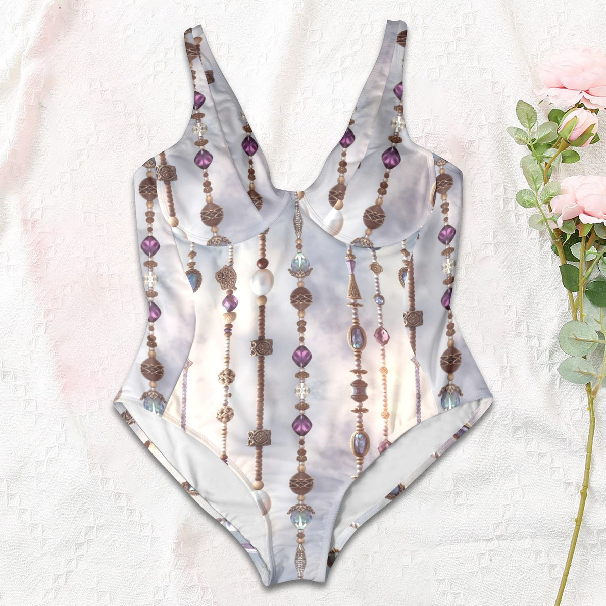 Air Goddess patterned swimsuit with bead detailing on a textured white background