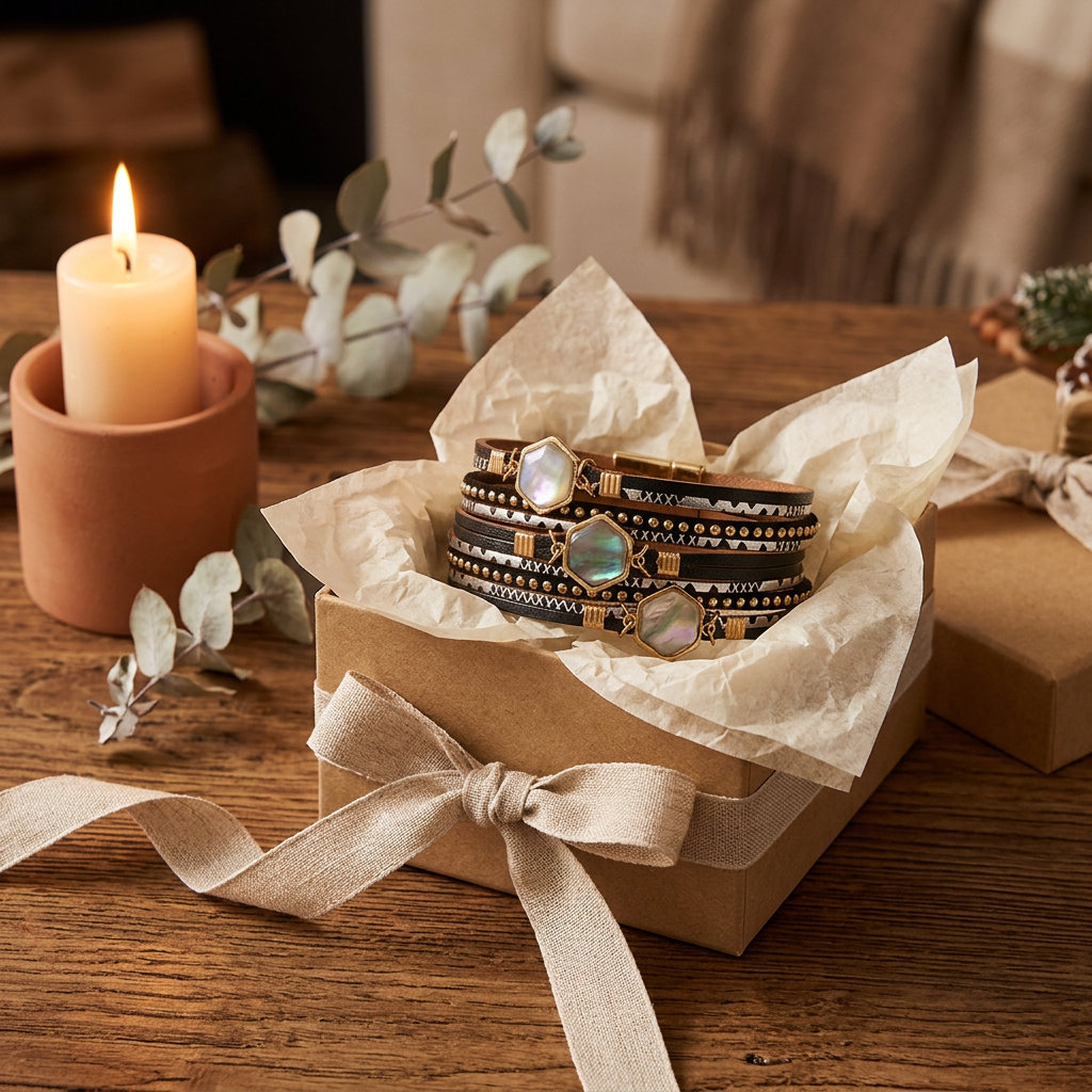 Abalone Bracelet in black and gold in a kraft gift box beside a candle and eucalyptus