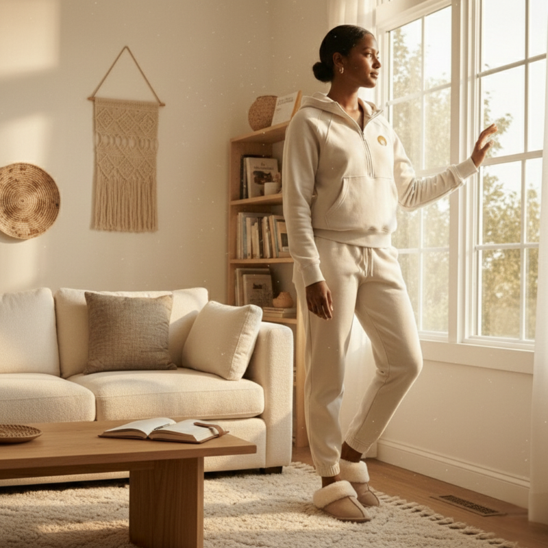 Woman in a cream hoodie and pants standing in a bright living room with a couch and coffee table.