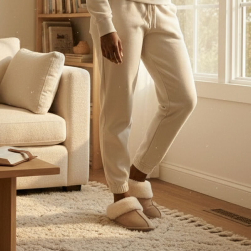 Person wearing white sweatpants and slippers in a cozy living room.