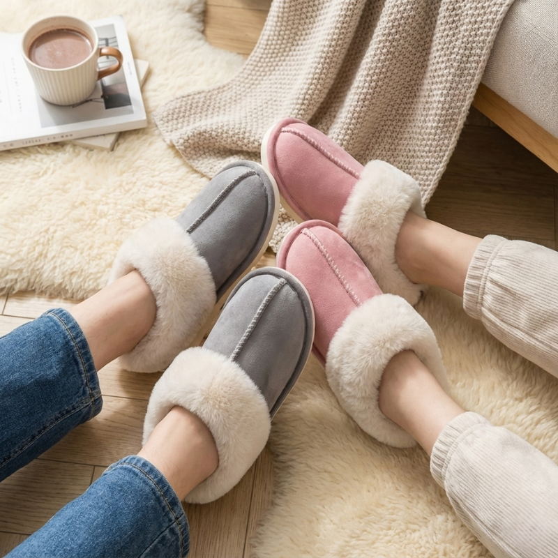 Two pairs of feet wearing gray and pink slippers on a soft surface with a cup of coffee in the background.