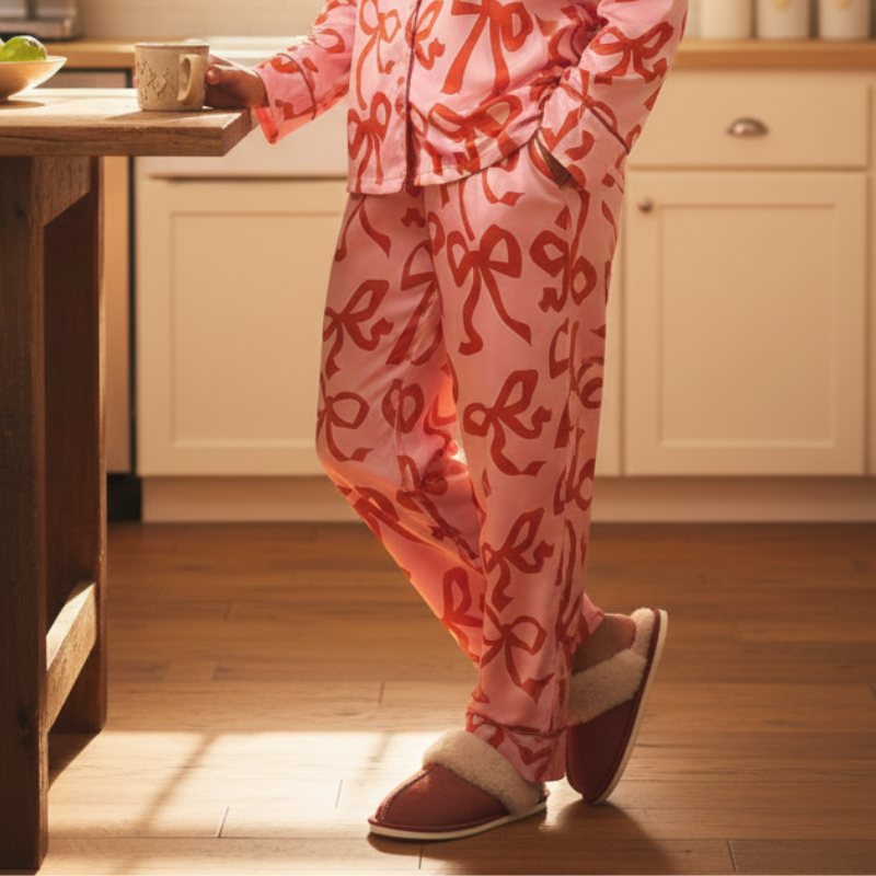Person wearing pink pajama pants with red patterns in a kitchen.