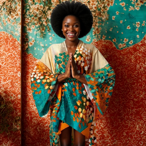 Colorful patterned kimono on a dark skinned woman against a colorful wall  with plants.