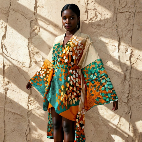 Colorful patterned kimono on a dark skinned woman against naturally textured rock wall.