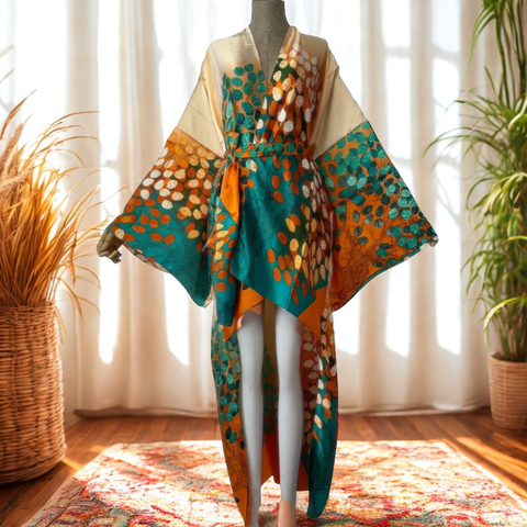 Colorful patterned kimono on a mannequin against a bright window with plants.