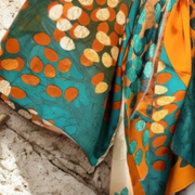 close up view of the colorfully printed fabric