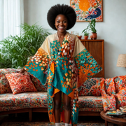 Colorful patterned kimono on a dark skinned woman against colorful furniture in a cozy living space with plants.