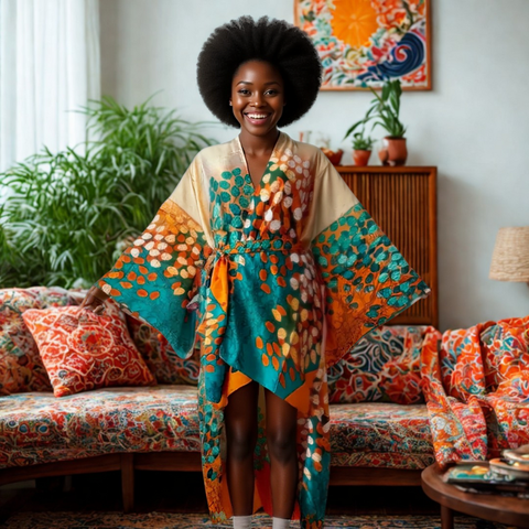 Colorful patterned kimono on a dark skinned woman against colorful furniture in a cozy living space with plants.