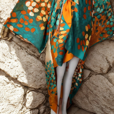 Colorful patterned fabric draped over a stone surface