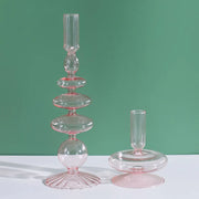 Roma Glass candlestick holder by Shop the Kei home treasure collection in clear pink. Handmade modern-style colored glass candlestick holder, tall and elegant, perfect for home décor. Available in multiple unique designs