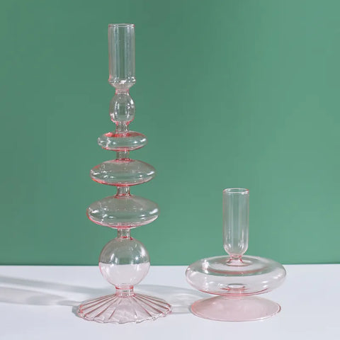 Roma Glass candlestick holder by Shop the Kei home treasure collection in clear pink. Handmade modern-style colored glass candlestick holder, tall and elegant, perfect for home décor. Available in multiple unique designs