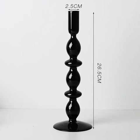 Roma Glass candlestick holder by Shop the Kei home treasure collection in clear black. Stacked 3-drop, 2-saucer, slope base modern-style blown glass candlestick holder dimensions 2.5cm X 26.5cm X 9cm