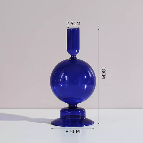 Roma Glass candlestick holder by Shop the Kei home treasure collection in clear cobalt blue. Bubble with step base modern-style blown glass candlestick holder dimensions 2.5cm X 18cm X 8.5cm
