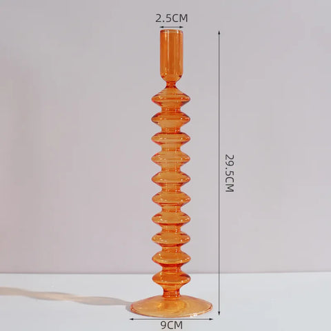 Roma Glass candlestick holder by Shop the Kei home treasure collection in clear orange. Stacked 10-saucer and slope base modern-style blown glass candlestick holder dimensions 2.5cm X 29.5cm X 9cm
