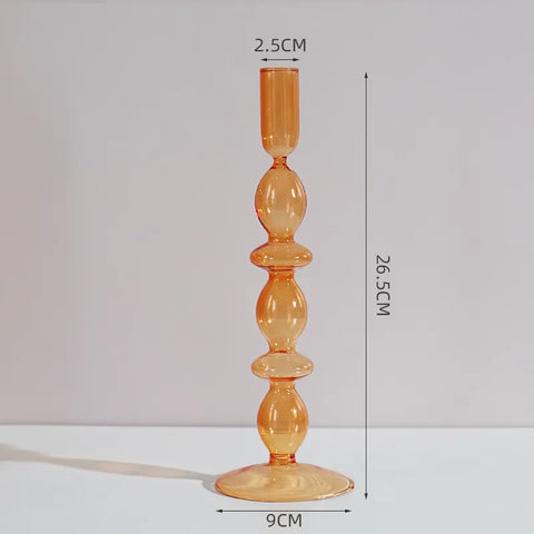 Roma Glass candlestick holder by Shop the Kei home treasure collection in clear orange. Stacked 3-drop, 2-saucer, slope base modern-style blown glass candlestick holder dimensions 2.5cm X 26.5cm X 9cm