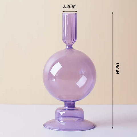 Roma Glass candlestick holder by Shop the Kei home treasure collection in clear purple. Bubble with step base modern-style blown glass candlestick holder dimensions 2.5cm X 18cm X 8.5cm 