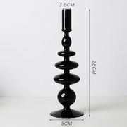 Roma Glass candlestick holder by Shop the Kei home treasure collection in black. Stacked 1-drop, 1-saucer, 2-disk, bubble with scalloped slope base modern-style blown glass candlestick holder dimensions 2.5cm X 28cm X 9cm