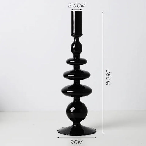 Roma Glass candlestick holder by Shop the Kei home treasure collection in black. Stacked 1-drop, 1-saucer, 2-disk, bubble with scalloped slope base modern-style blown glass candlestick holder dimensions 2.5cm X 28cm X 9cm