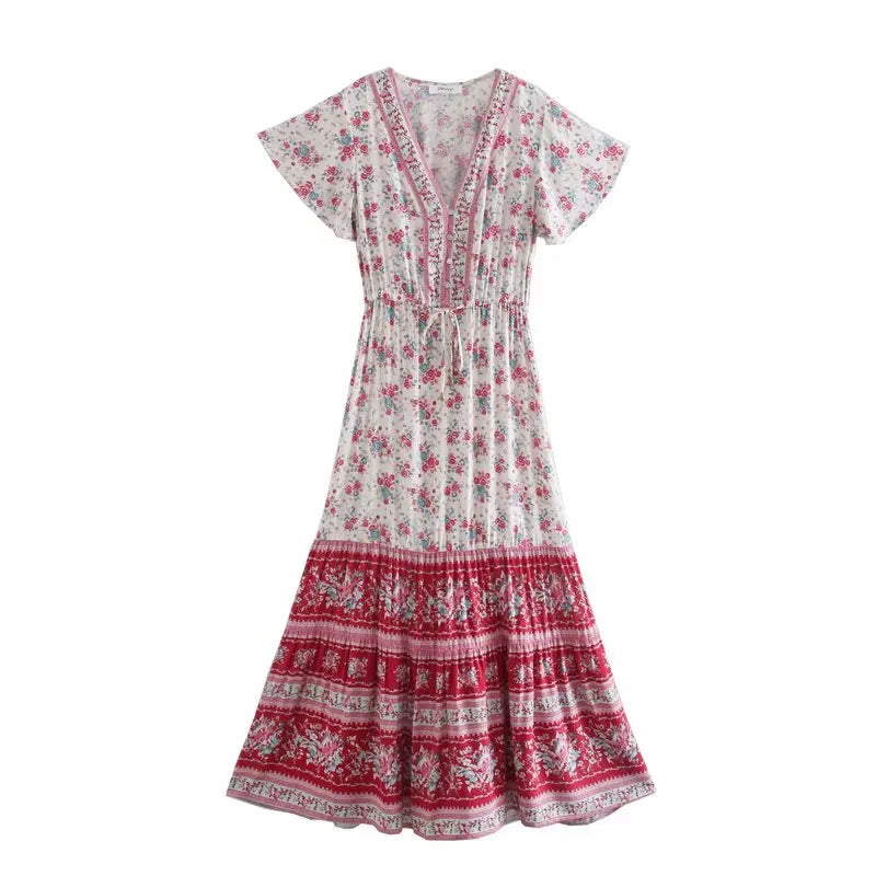 Birdie Summer Midi Dress from Shop the Kei - front view of a red color option flower print bohemian styled dress on white background