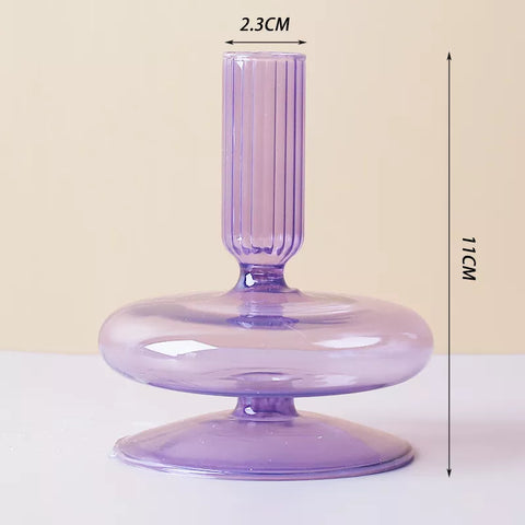 Roma Glass candlestick holder by Shop the Kei home treasure collection in clear purple. Disk shape with slope base modern-style blown glass candlestick holder dimensions 2.5cm X 11cm