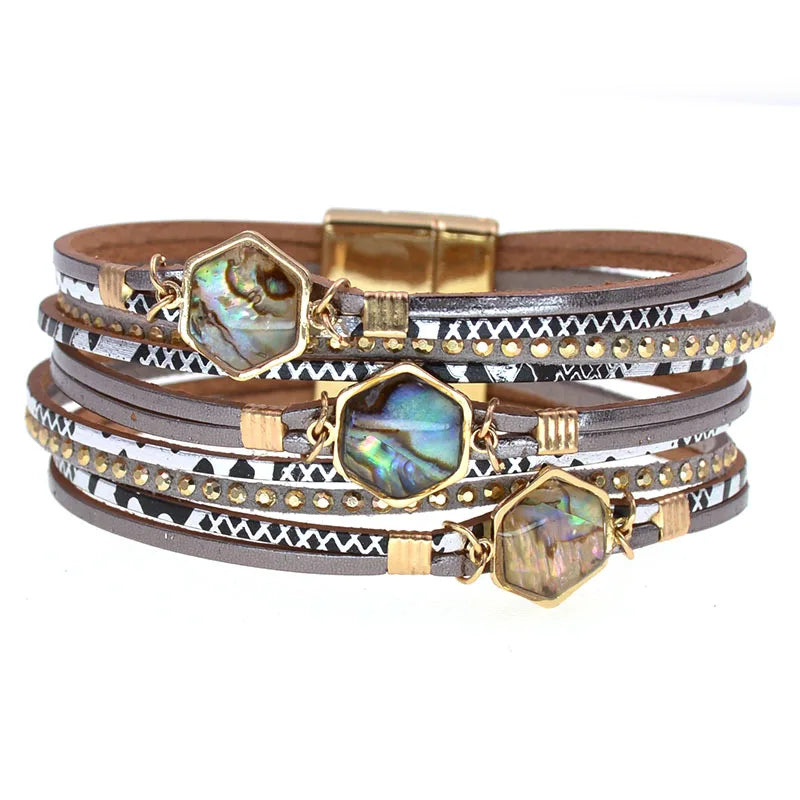 Abalone Bracelet in grey with three hexagonal abalone shell stones