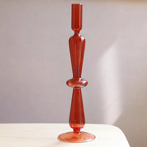 Roma Glass candlestick holders by Shop the Kei home treasure collection in clear red. Handmade modern-style colored glass candlestick holder, tall and elegant, perfect for home décor. Available in multiple unique designs 