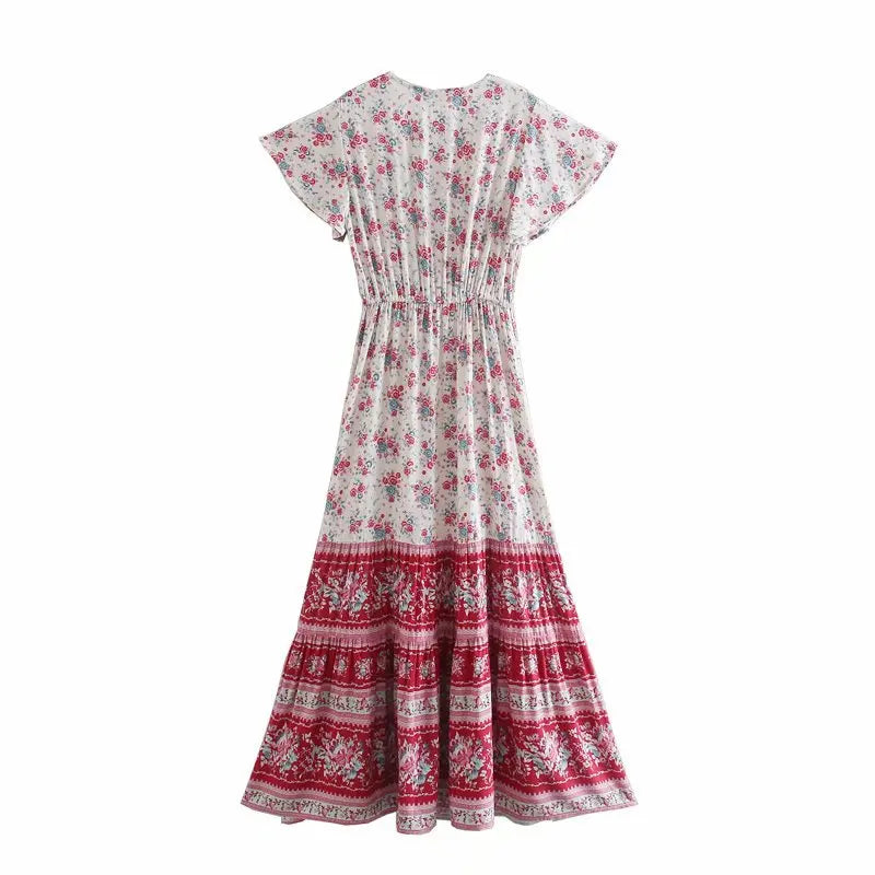 Birdie Summer Midi Dress from Shop the Kei - back view of a red color option flower print bohemian styled dress on white background