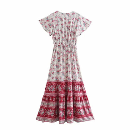 Birdie Summer Midi Dress from Shop the Kei - back view of a red color option flower print bohemian styled dress on white background