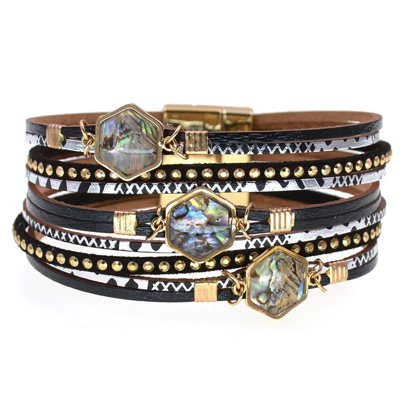 Abalone Bracelet in black with three hexagonal abalone shell stones