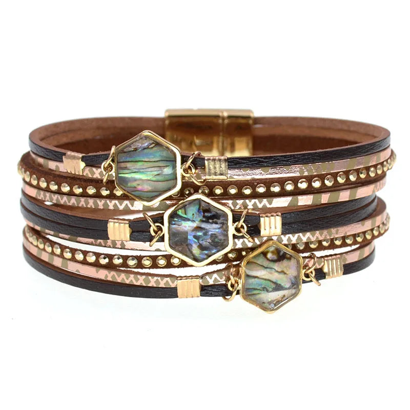 Abalone Bracelet in brown with three hexagonal abalone shell stones