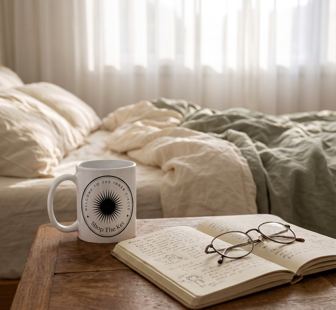 Inner Circle Mug on a wooden nightstand beside an open journal and reading glasses, with an unmade linen bed behind