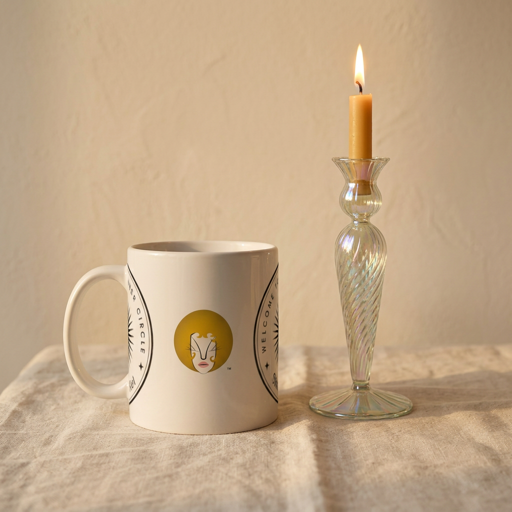 Golden Crown avatar side of the Inner Circle Mug on cream linen beside a lit taper candle in an iridescent glass holder