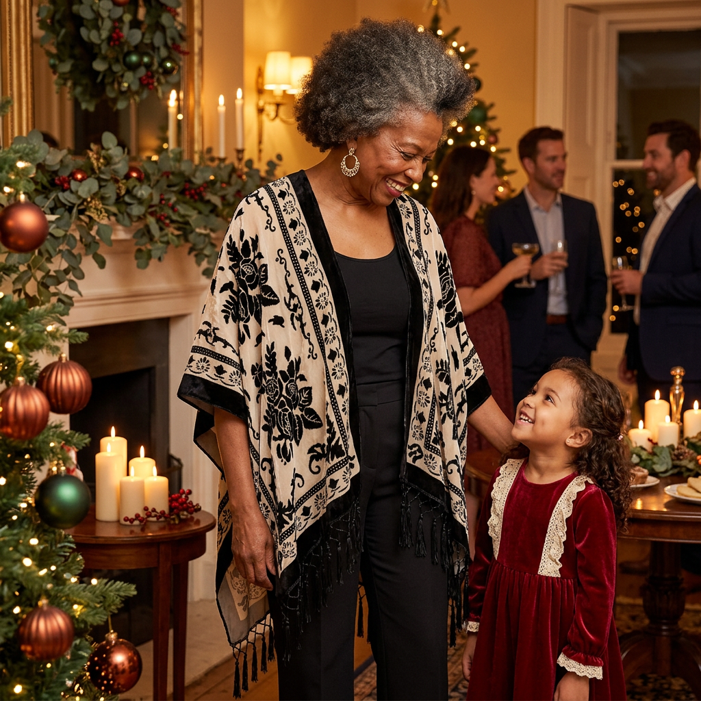 Woman wearing the Kindle Shawl in Pepper at a holiday gathering beside a decorated tree